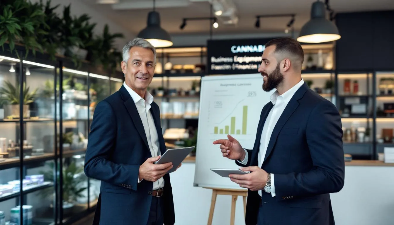 In the dispensary showroom, a cannabis business owner engages in a discussion with a business loan broker about financing options for acquiring the right equipment, highlighting the benefits of tailored financing solutions for cannabis-related businesses. They explore topics such as cash flow, credit approval, and the potential for growth through equipment leasing or purchasing outright.