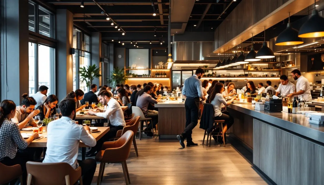 A bustling and stylish restaurant filled with patrons enjoying their meals, symbolizing financial success in the restaurant industry. The scene reflects the importance of restaurant business loans and funding options for restaurant owners to thrive and attract more customers.