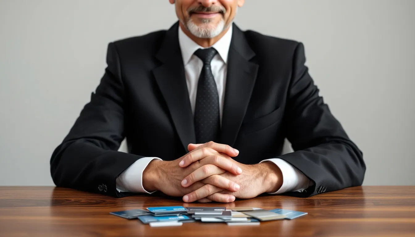 A confident small business owner stands behind a desk, showcasing a stack of multiple business credit cards, symbolizing their strategic approach to managing business expenses and building a strong business credit history. The scene reflects the importance of disciplined financial management for small businesses.