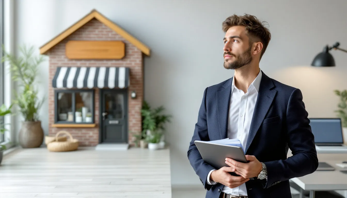 The image depicts a small business owner standing at a crossroads, contemplating two options: a small, local bank on one side and a modern business office featuring a laptop with an open web browser symbolizing online banking on the other. This visual representation highlights the owner's learn things about financing options, essential for making informed decisions about their business's financial future, potentially involving tools like a Brex business account or corporate card.