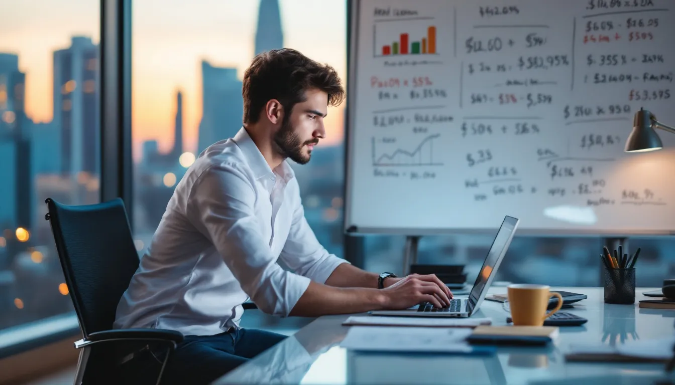 An aspiring entrepreneur is depicted sitting at a desk, deep in thought as they explore various financing options for their eCommerce startup. They are considering borrowing money for purchasing inventory and evaluating different funding solutions such as eCommerce business loans and merchant cash advances to support their online business.