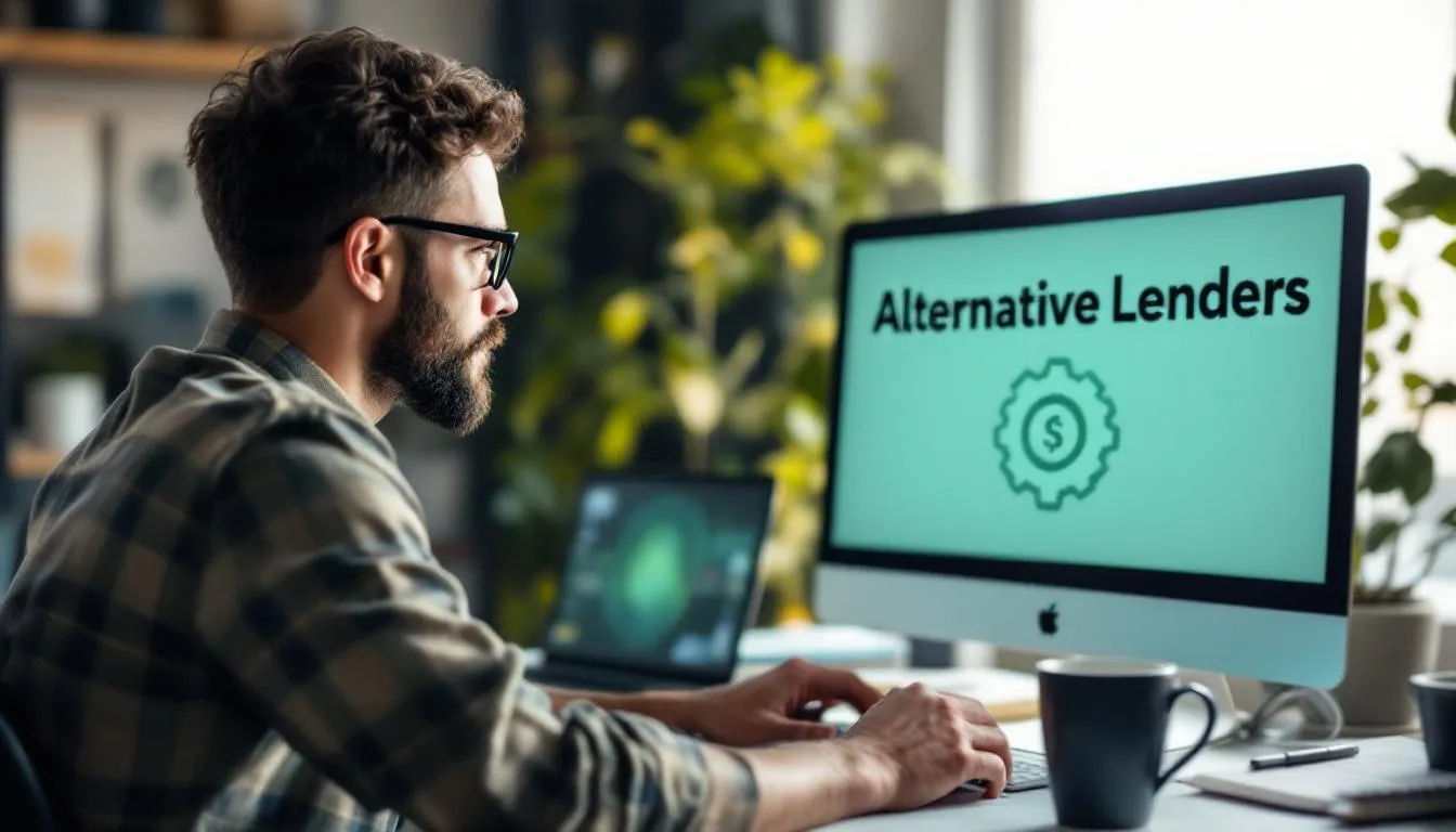 A small business owner is focused on researching online loans on a computer screen that displays the term "Alternative Lenders," accompanied by a symbol representing alternative funding, highlighting various business financing solutions available beyond traditional bank loans.