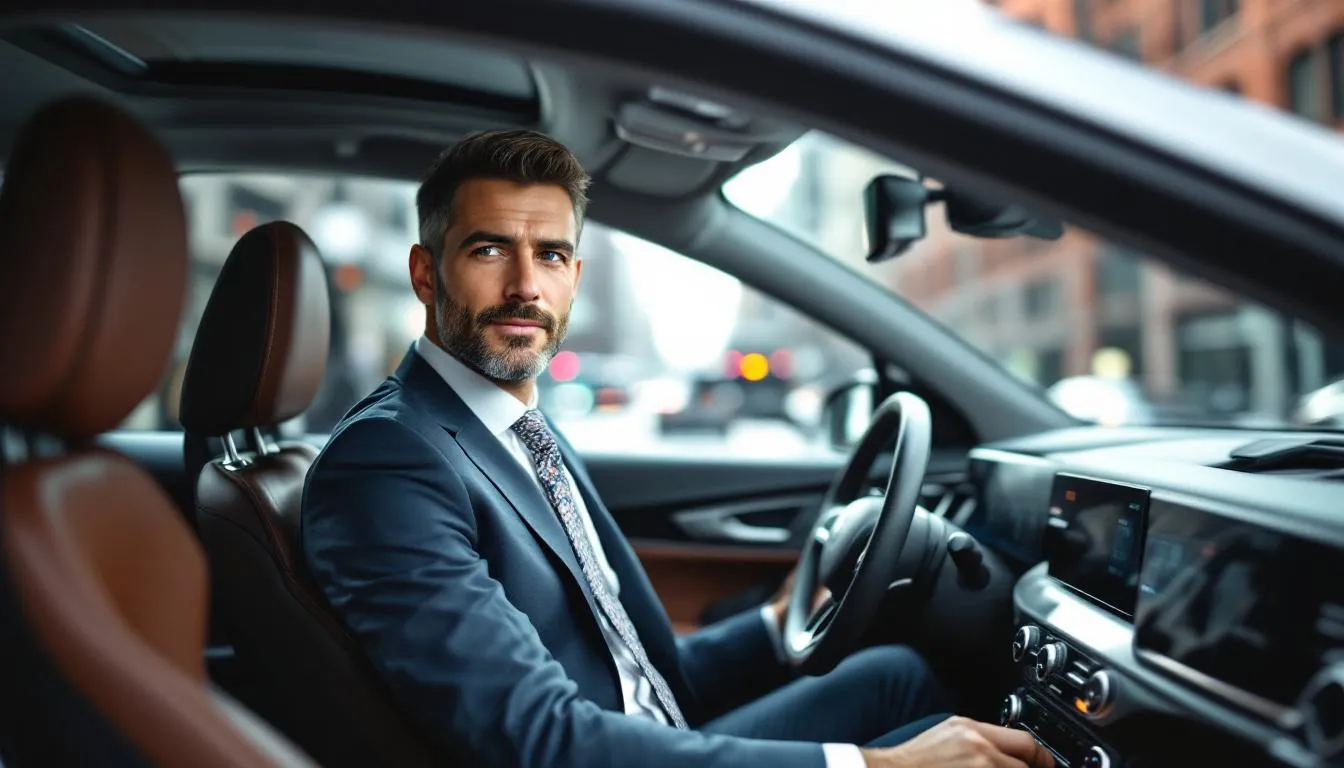 A confident small business owner sits in the driver's seat of a stylish American car, symbolizing success and ambition. This image reflects the importance of commercial vehicle financing for business purposes, showcasing the right vehicle for entrepreneurs looking to enhance their operations.