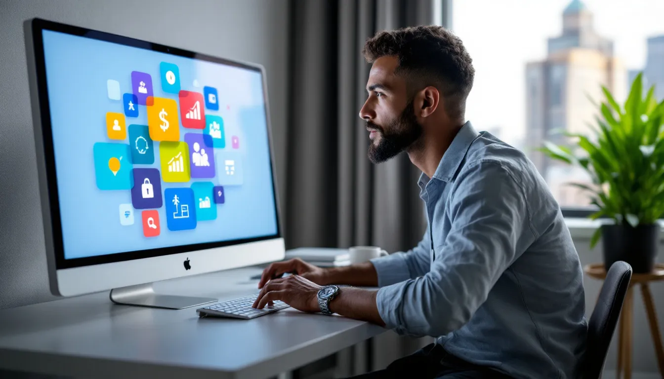 A small business owner is intently viewing a computer screen filled with various icons representing different types of business loans, such as equipment financing and merchant cash advances, as they explore a loan marketplace. The screen showcases a visual array of loan options without any text, emphasizing the diverse financing choices available for small businesses.
