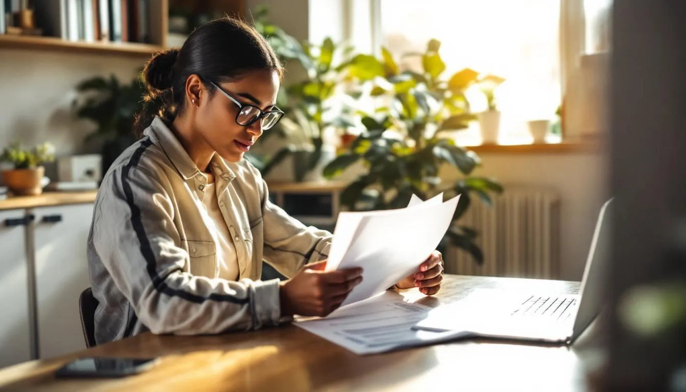 A small business owner sits at a desk, intently reviewing a business plan in preparation for applying for a small business loan, aiming to secure financing without a personal guarantee that would put their personal assets at risk. The scene conveys a sense of determination and focus on establishing strong business credit to support their venture.