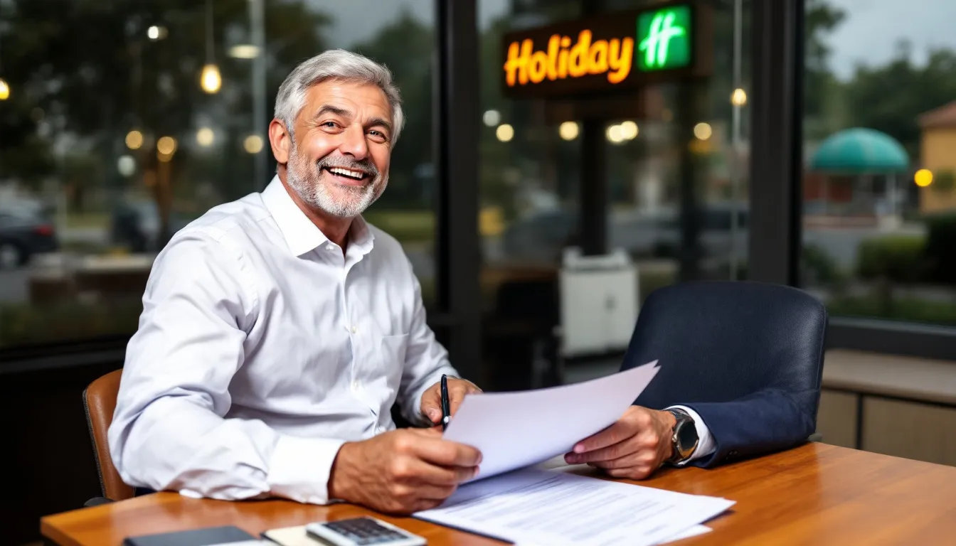 A Holiday Inn franchise owner is seated at a desk, discussing terms with a bank representative about a small business loan aimed at making hotel improvements. The scene emphasizes the importance of business financing for small business owners, highlighting the financial strategies involved in managing business credit and expenses.