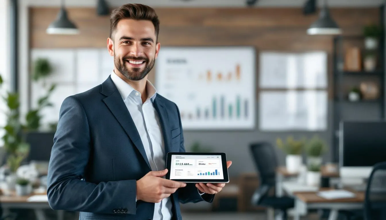 In the image, a confident small business owner stands in their office, smiling as they review documents related to invoice factoring, which has transformed their unpaid invoices into immediate working capital, enhancing their cash flow. The atmosphere reflects success and financial stability, highlighting the benefits of invoice financing for small businesses.