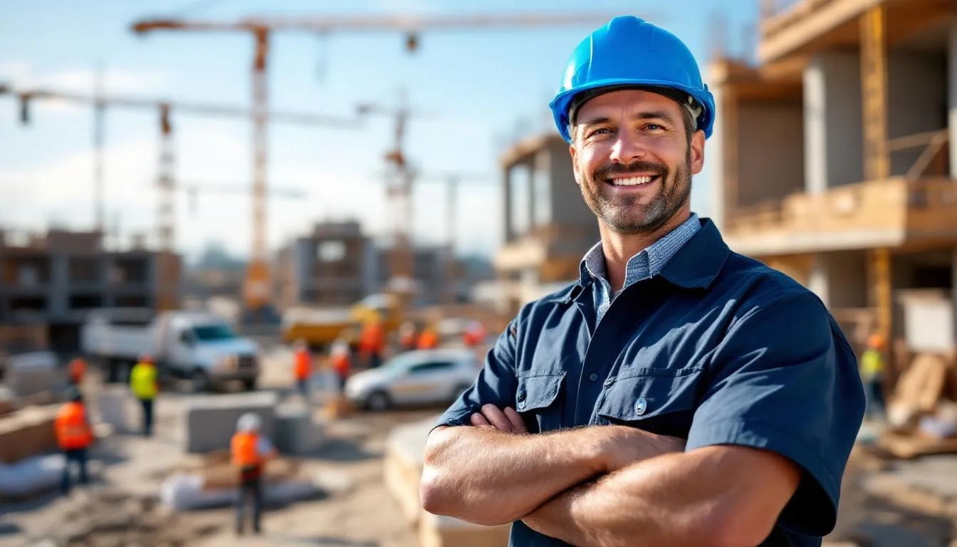 A confident construction business owner in a hard hat stands at a bustling construction site, symbolizing success after securing a business loan to enhance their construction projects. The image captures the essence of the construction industry, reflecting the importance of financing and working capital for small businesses.