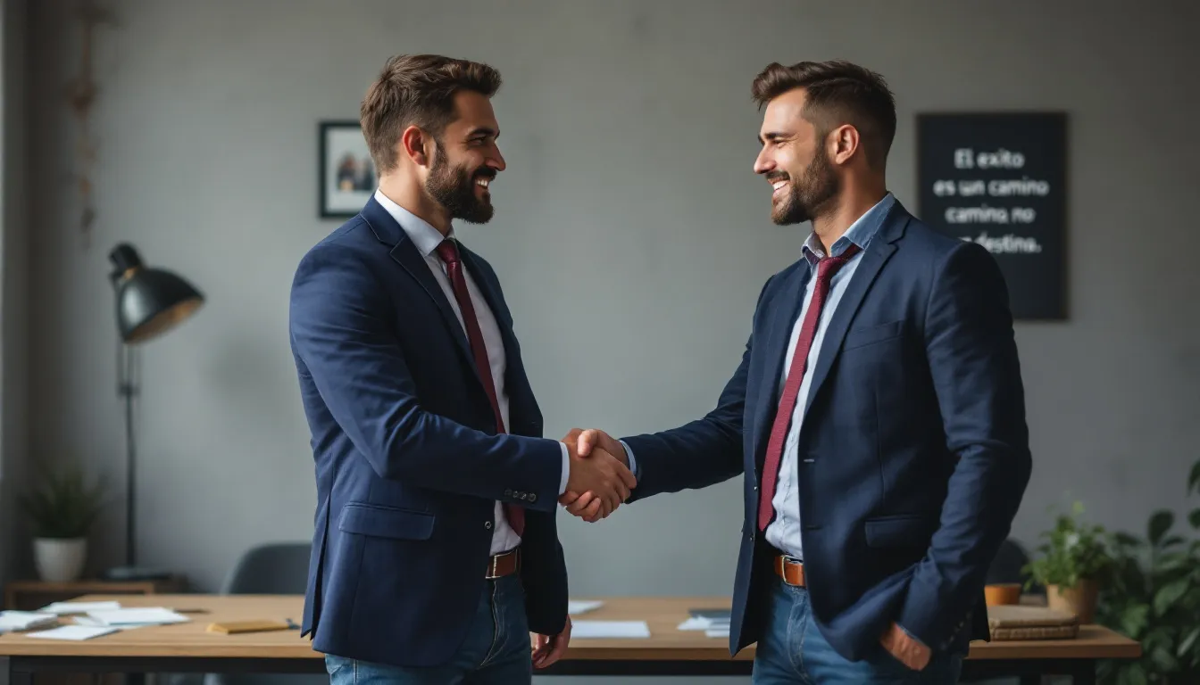 In the image, an entrepreneur and a small business owner are shaking hands, symbolizing the successful conclusion of negotiations for the purchase of the seller's business. This moment reflects the culmination of the due diligence process and the agreement on the purchase price, indicating a binding contract between the two parties.