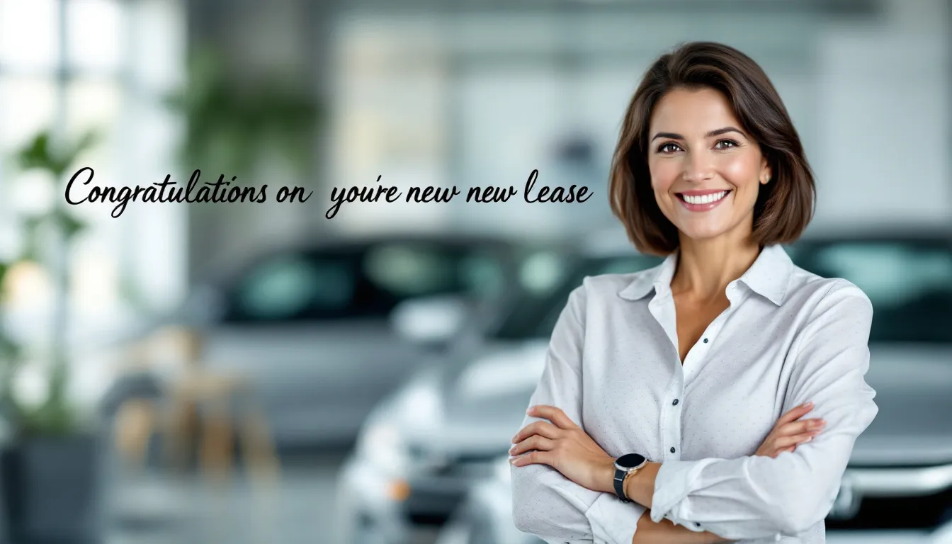 A small business owner stands confidently with arms crossed, smiling at the camera after successfully securing a car lease for their business, with the leased vehicle prominently displayed behind them. This image captures the summary of how to lease a car for business. 