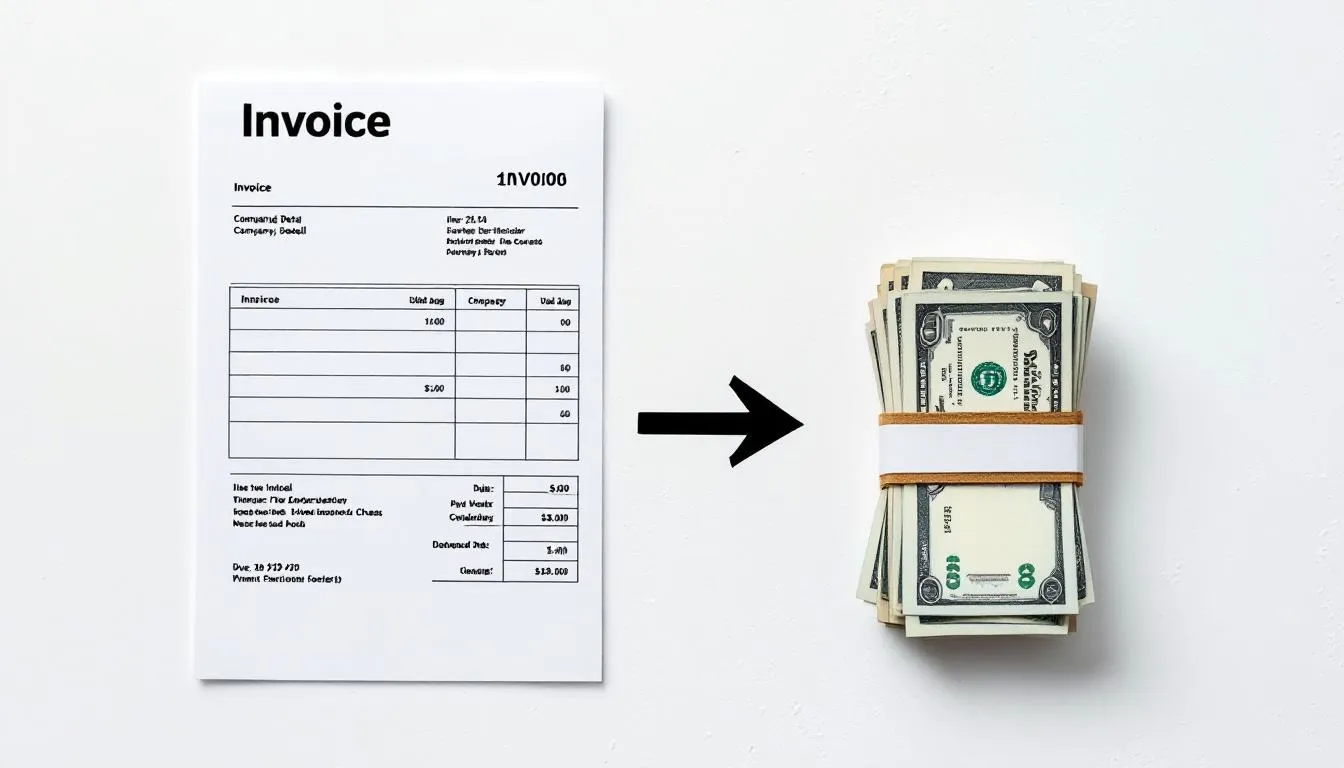 The image illustrates the concept of invoice factoring, featuring an invoice on one side and cash on the other, connected by an arrow that symbolizes the process of selling invoices for an immediate cash advance. This visual representation highlights how businesses can convert outstanding invoices into working capital, facilitating consistent cash flow.
