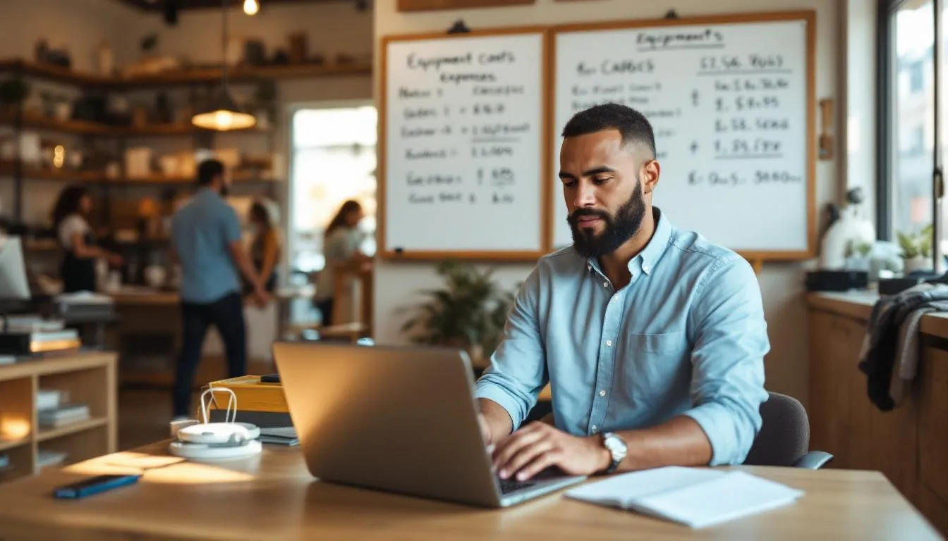 A small business owner is inside their shop, using an equipment loan calculator to perform a cost calculation for a new point-of-sale system. They are focused on estimating the monthly payment, considering the purchase price, down payment, and interest rate for their equipment financing options.