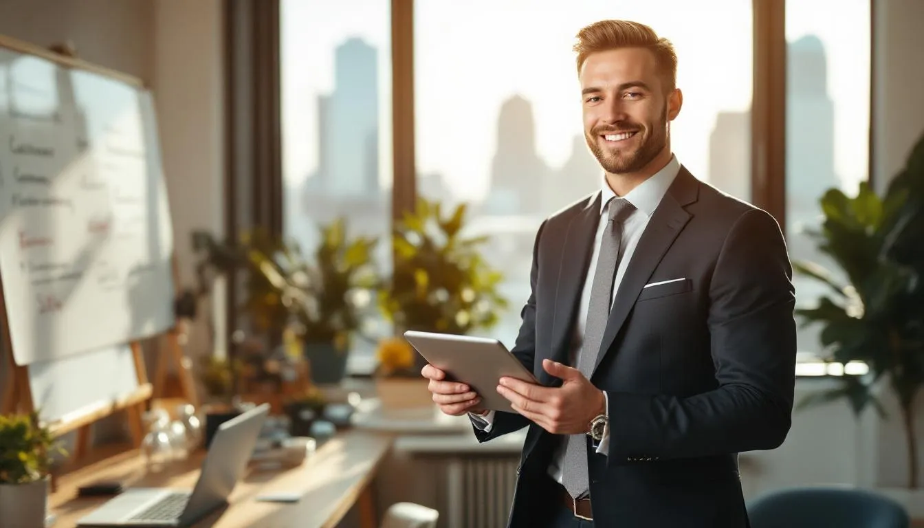 A confident small business owner stands in their office, smiling as they review their finances after using nonrecourse factoring to manage cash flow gaps and enhance customer relationships. The image illustrates the positive impact of invoice factoring on their business operations, showcasing a sense of success and stability.