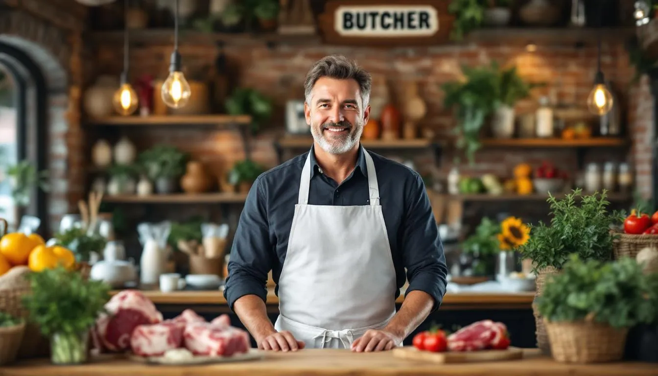 A confident small business owner stands proudly in their butcher shop, showcasing the success achieved through butcher shop financing and business loans. The atmosphere reflects a thriving meat processing operation, highlighting the positive impact of financial resources and technical assistance on their business growth.
