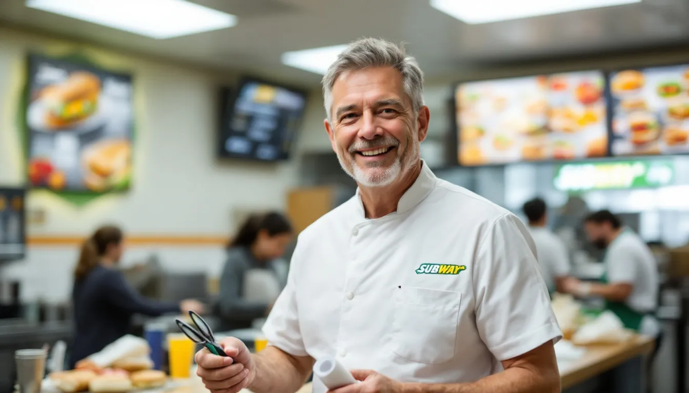 In the image, a small business owner is seen working diligently in a Subway location, showcasing the daily operations of a subway franchise. The owner appears focused on serving customers, highlighting the entrepreneurial spirit of operation and existing location. .
