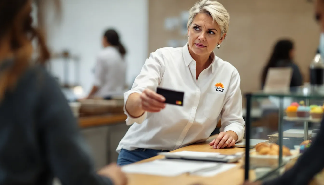 A small business owner is at a checkout counter, using a credit card to purchase essential supplies for their business. The scene highlights the convenience of credit card payments, allowing the owner to access funds quickly while managing their business expenses.