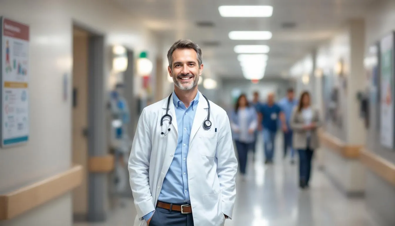 A friendly doctor stands in a hospital hallway, exuding success and confidence, representing the vital role of healthcare providers in the medical industry. This image reflects the importance of reliable cash flow and medical receivables financing for healthcare businesses to cover operational expenses and ensure steady cash flow.