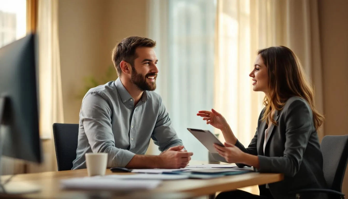 In the image, a small business owner is engaged in a discussion with an accountant about improving cash flow through accounts receivable factoring. They are reviewing outstanding invoices and exploring how selling accounts receivable can provide immediate cash to enhance business operations and financial stability.