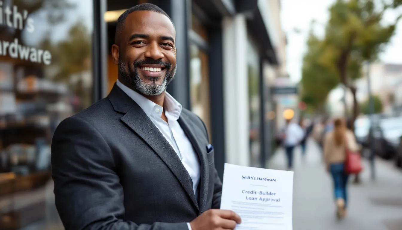 A confident small business owner stands proudly, showcasing the success achieved through a credit builder loan that has helped repair his credit history. He smiles, reflecting the positive impact of on-time payments and a strengthened credit profile on his financial journey.