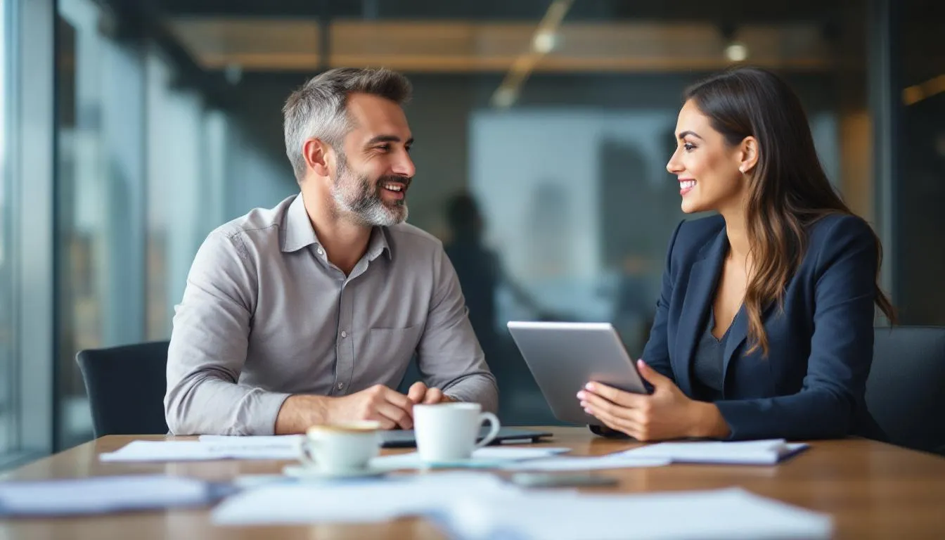 A small business owner is seated at a table with a business loan broker, discussing options for credit repair and how credit builder loans can help establish a stronger credit history. The broker is showing documents related to loan amounts and monthly payments, emphasizing the importance of on-time payments and payment history for improving credit scores.