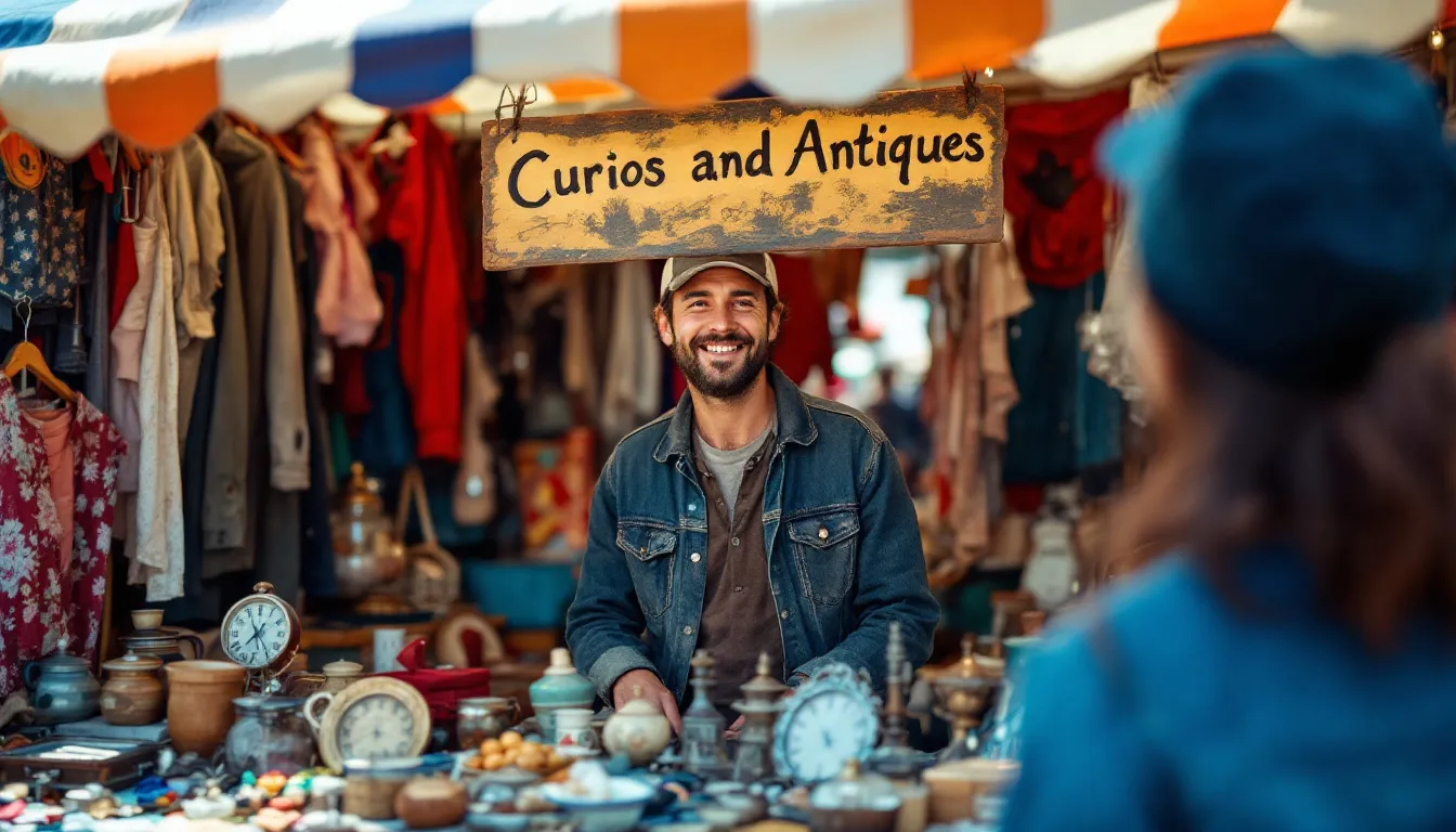 An image of a male seller at a flea market, showcasing various items such as clothes for sale, while discussing his business plan that includes considerations for business expenses and the potential benefits of a business car lease. The seller appears engaged with customers, highlighting the importance of managing costs and maximizing tax deductions for small business owners. same day