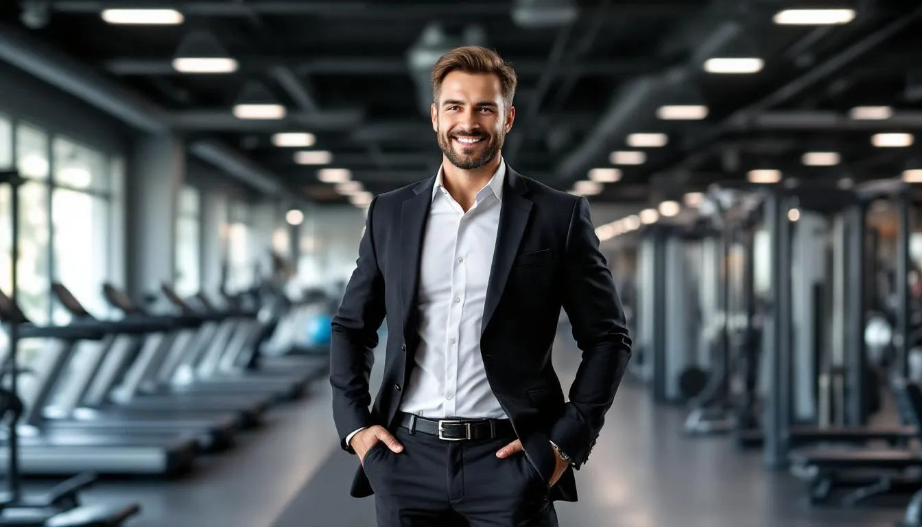 The image depicts a confident gym owner standing proudly next to brand new fitness equipment, symbolizing success in leasing gym equipment for their business. The owner exudes a sense of accomplishment, reflecting the benefits of leasing options and the positive impact on their gym's operations.