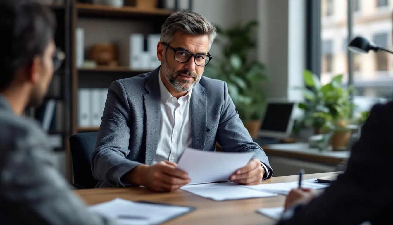 A small business owner is sitting at a desk, reviewing documents related to their commercial loan application, which will help them secure financing options for their business needs. The scene captures the essence of small business loans and the importance of a security solution in achieving their business goals.