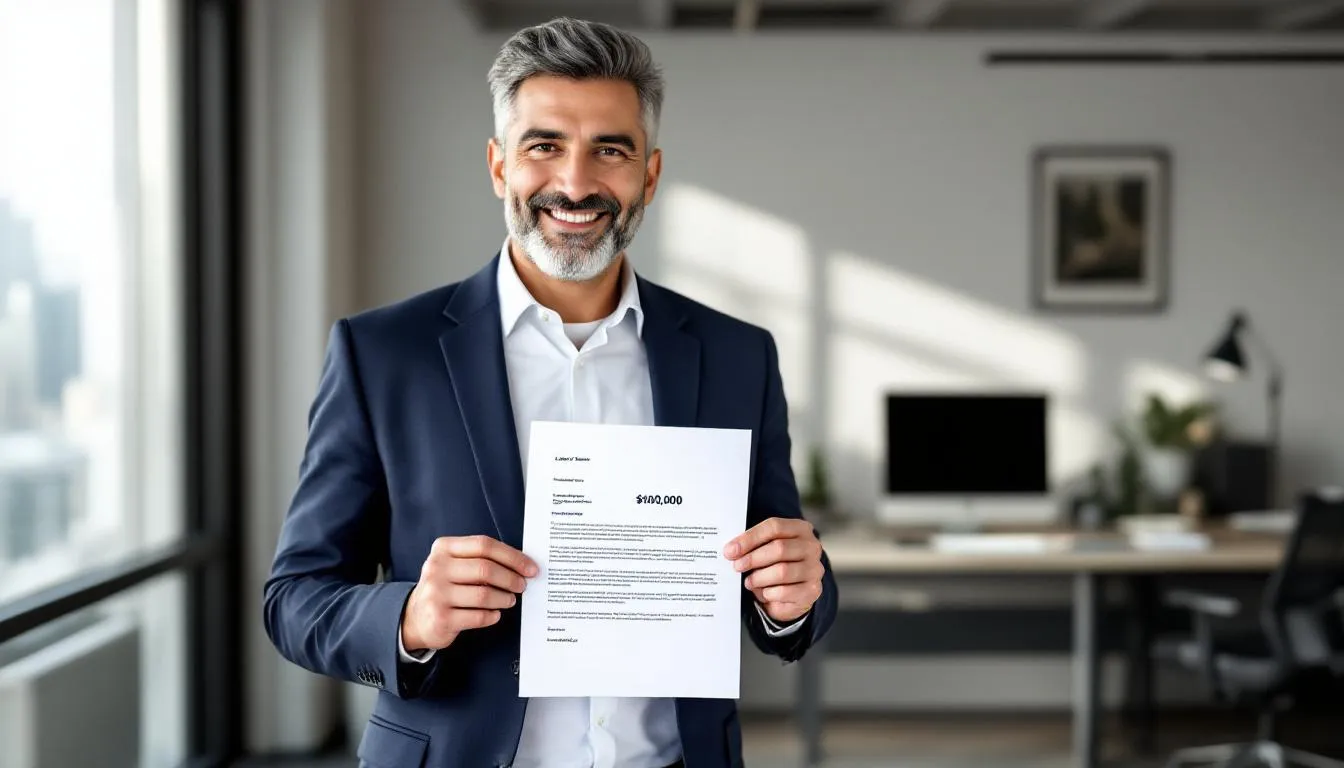 The image depicts a confident small business owner, smiling and holding documents that signify the successful approval of a $100,000 business loan. This moment reflects the positive outcome of navigating the lending process, highlighting the importance of good credit scores and understanding business loan applications for securing small business loans.