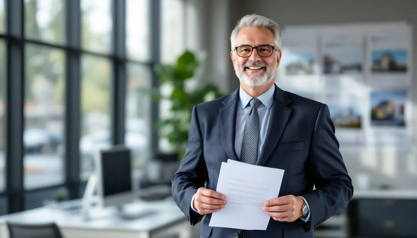 The image depicts a confident property investor smiling, standing in front of a well-maintained rental property, symbolizing their success in securing an investment property loan with only a 10% down payment. The investor's expression reflects satisfaction with their investment property financing strategy, highlighting the potential for positive cash flow and rental income.