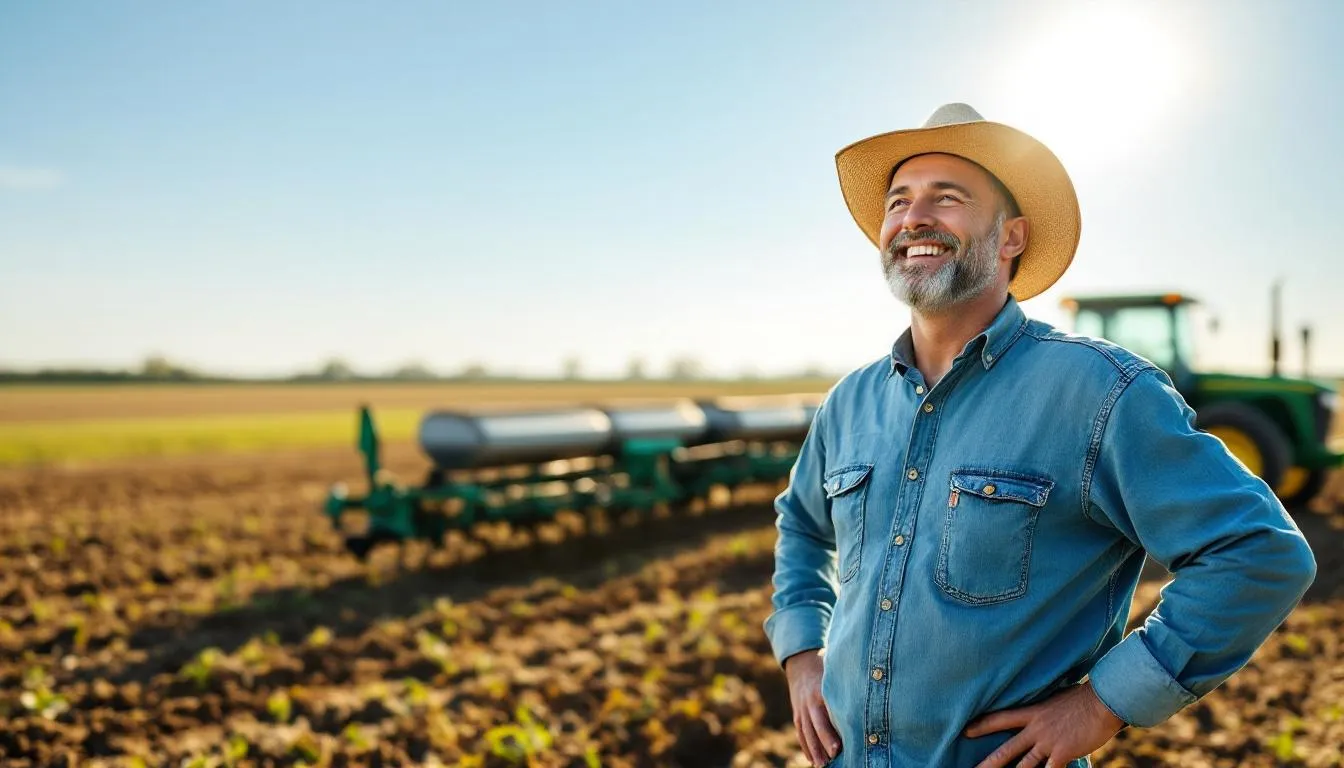 A happy farmer stands proudly in front of new agricultural equipment, such as tractors and sprayers, symbolizing success after securing farm equipment financing. The scene conveys a sense of achievement and the benefits of flexible financing options for enhancing farm operations.