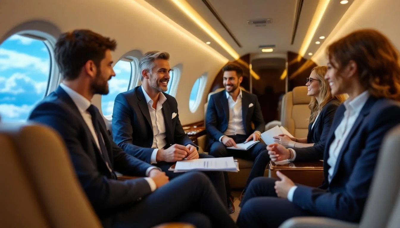 In the image, a professional business team is engaged in discussions with clients inside a luxurious private jet, highlighting the advantages of corporate aircraft for business purposes. Through the window, a clear blue sky with fluffy clouds indicates that the aircraft is currently in flight, emphasizing the efficiency of aircraft financing for business travel.