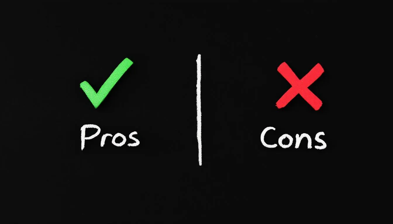 A simple image depicts a pros and cons list on a black background, featuring a green check mark labeled "Pros" on the left and a red "X" marked "Cons" on the right, symbolizing the advantages and disadvantages of freight factoring for trucking companies. This visual representation highlights the decision-making process for businesses in the transportation industry.