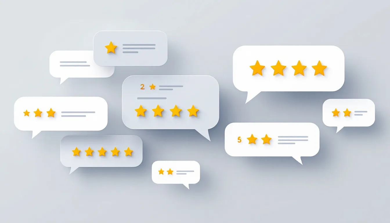 The image features a collection of colorful chat bubbles, each displaying 2-5 stars, symbolizing user reviews for a brand product, likely related to business loans or financing options. This visual representation emphasizes the importance of customer feedback for small business owners in evaluating loan products and services.