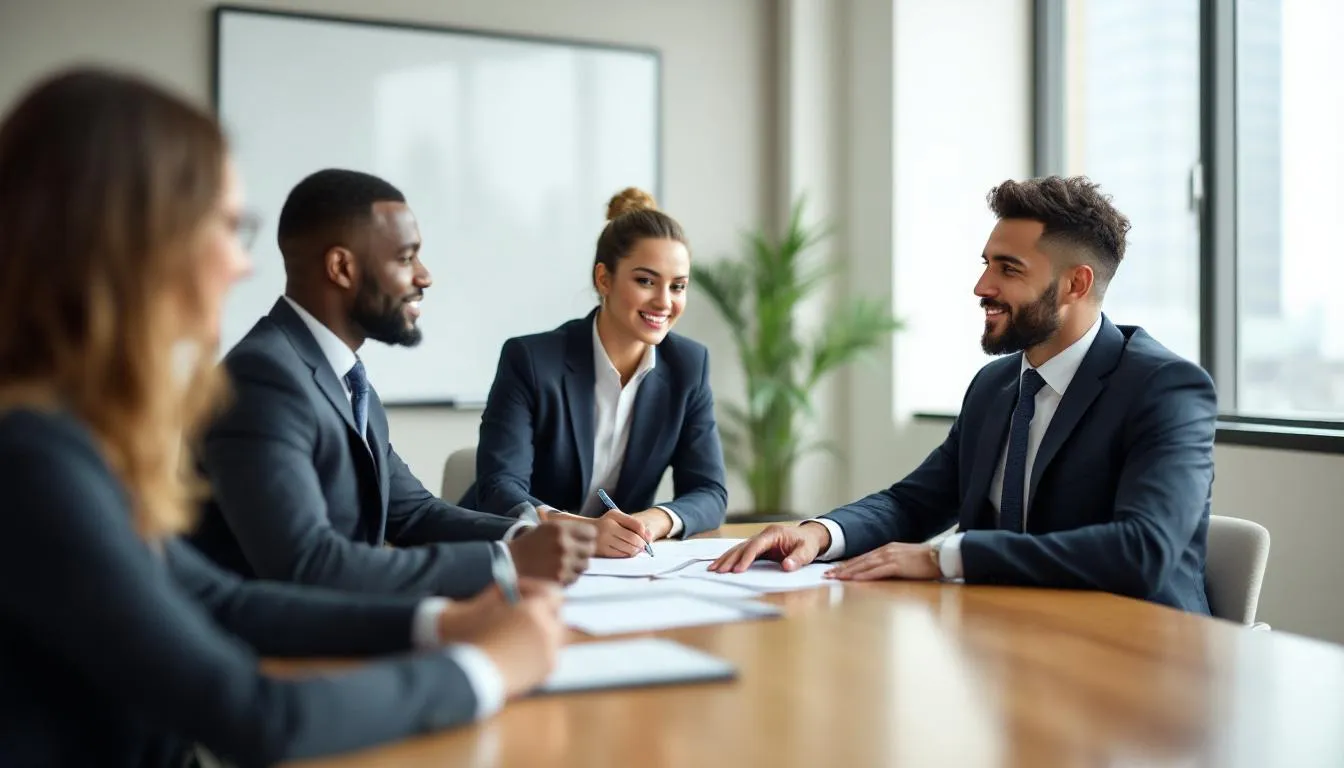 A small business owner is engaged in a discussion with a lender's asset-based lending team, focusing on potential asset-based loan solutions to enhance cash flow and leverage their substantial assets. The meeting highlights the benefits of securing financing through a joint venture, which can help meet the business's working capital needs.