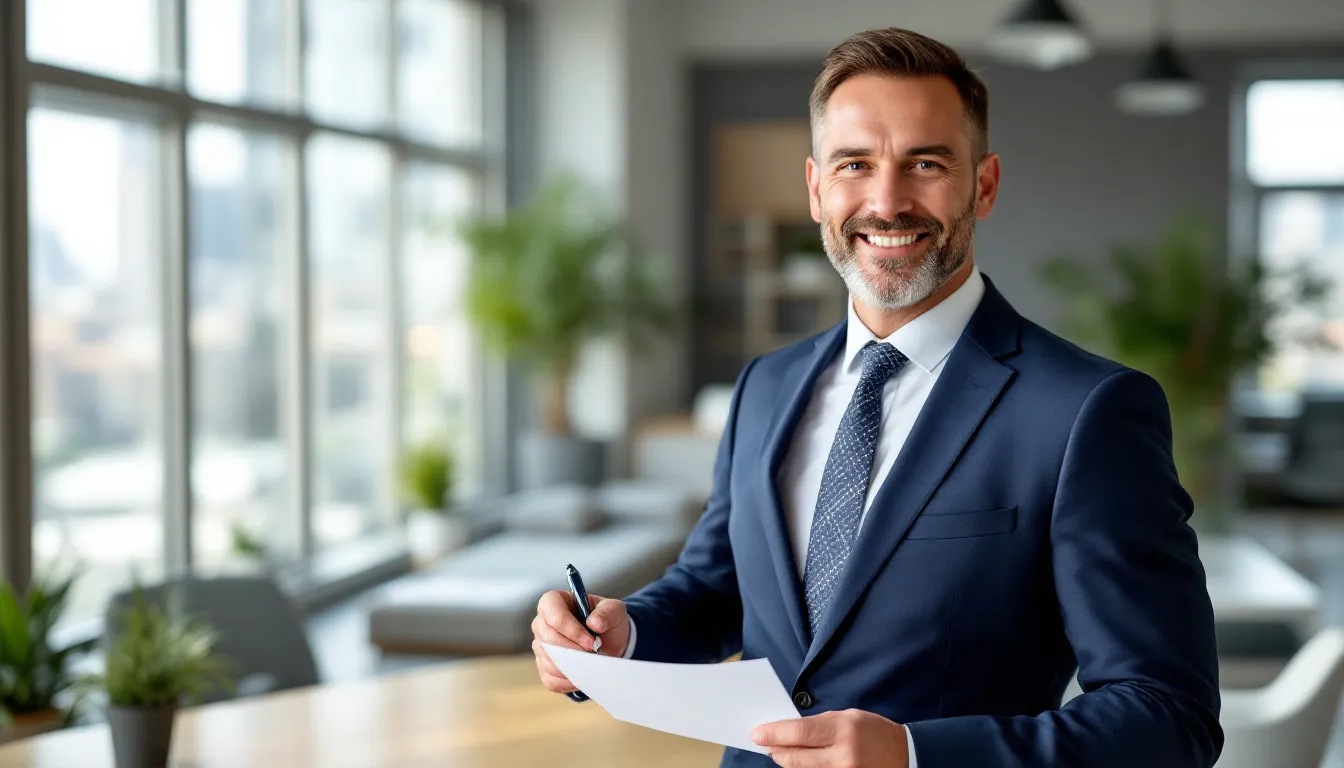 A confident small business owner stands proudly in their office, having successfully secured an SBA loan to fund their operations and expansion. The image conveys a sense of achievement and optimism, highlighting the impact of SBA-backed loans on small businesses.
