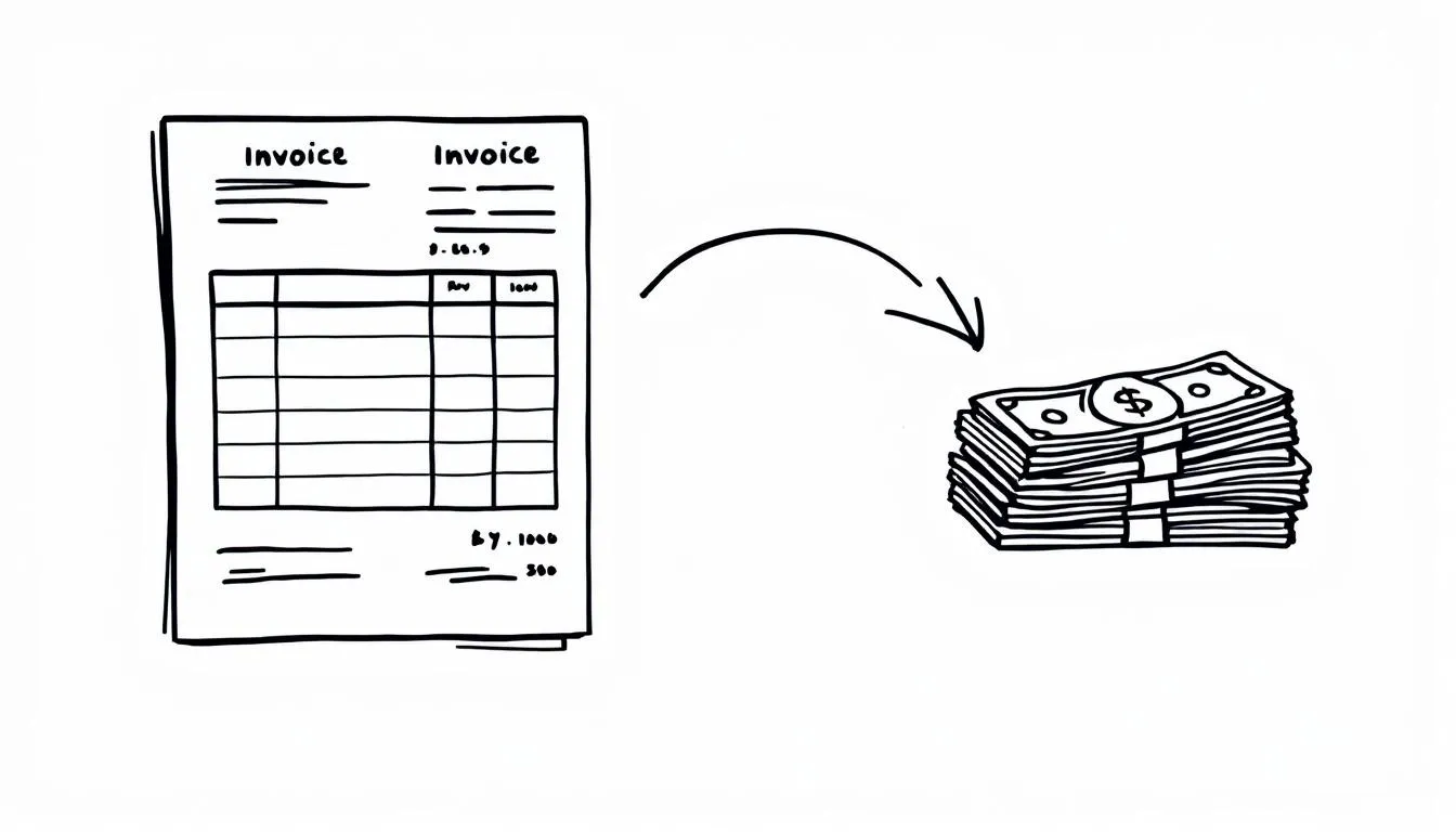 An image illustrating invoice factoring shows an invoice on one side with an arrow pointing to cash on the other side, symbolizing the transaction process in traditional factoring. This visual representation highlights how factoring services can improve cash flow by converting outstanding invoices into immediate cash, despite potential invoice factoring fees.