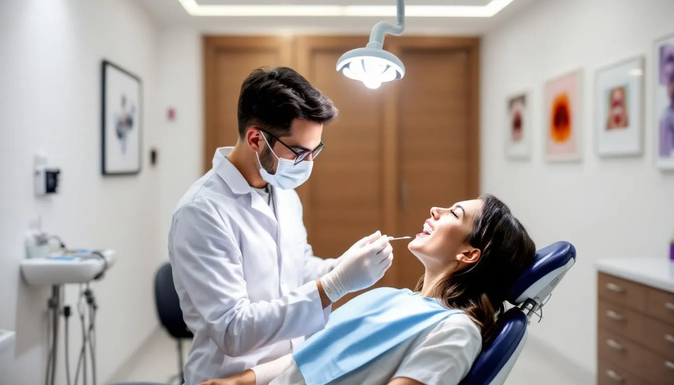 A dentist is conducting a dental exam in a modern dental practice, equipped with advanced dental equipment, while the patient sits comfortably in the dental chair. This state-of-the-art dental office reflects the high standards of patient care in the dental industry, showcasing the importance of financing for dental practices to maintain top-notch service.