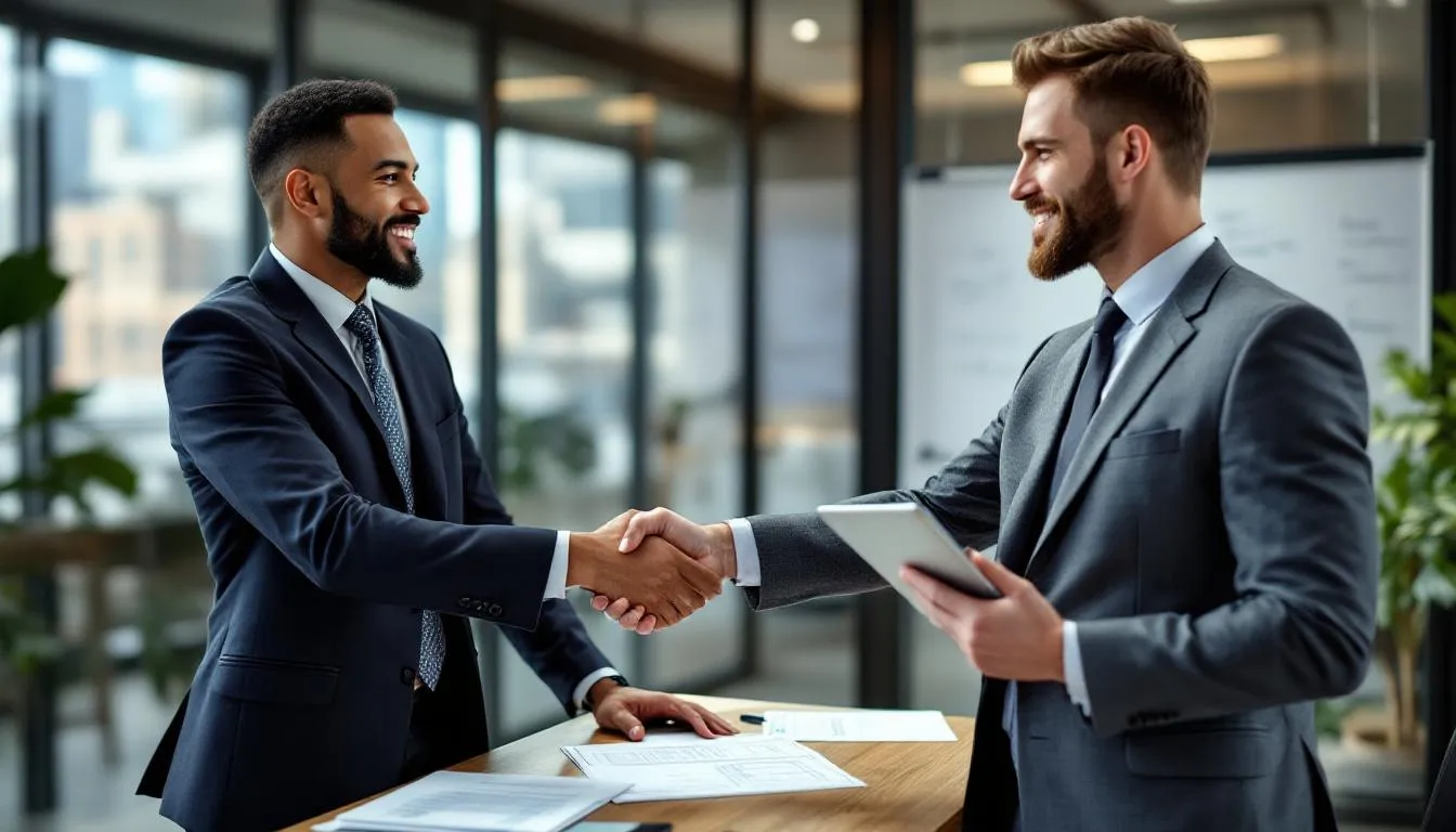 In the image, a small business owner is shaking hands with a financing professional, symbolizing an invoice factoring agreement that aims to improve cash flow by converting unpaid invoices into immediate cash. The handshake represents the partnership between the business owner and the invoice factoring company to address cash flow gaps and enhance financial stability.