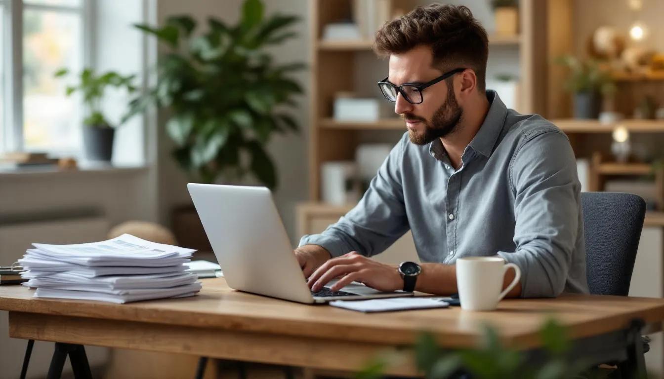 A small business owner is intently reviewing accounts receivable documents while comparing various invoice factoring rates from different factoring companies to make an informed decision about improving cash flow. The scene emphasizes the importance of understanding factoring fees and costs associated with outstanding invoices.
