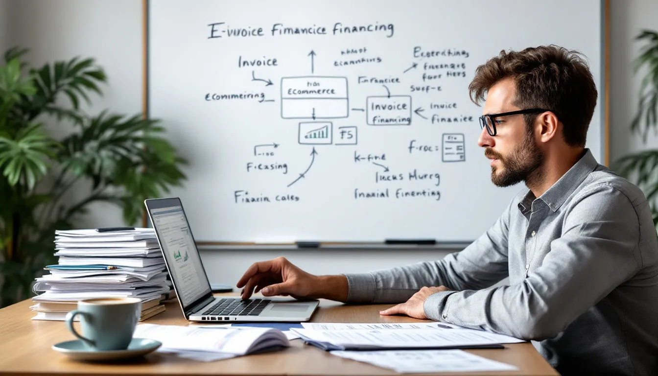 An e-commerce business owner is sitting at a desk, surrounded by financial documents and a laptop, contemplating various financing options such as e-commerce business loans and merchant cash advances to purchase inventory and manage cash flow. They appear focused, pondering how e-commerce financing works and the implications of seeking financing from online lenders or traditional banks.