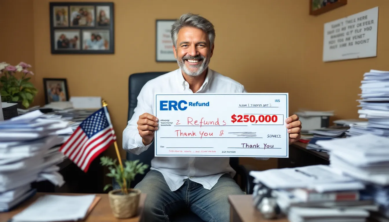 A small business owner smiles with satisfaction as they review their ERC refund check from the IRS, a result of their employee retention tax credit claims. This moment reflects the relief and joy of receiving financial support after a decline in gross receipts during the tax period.