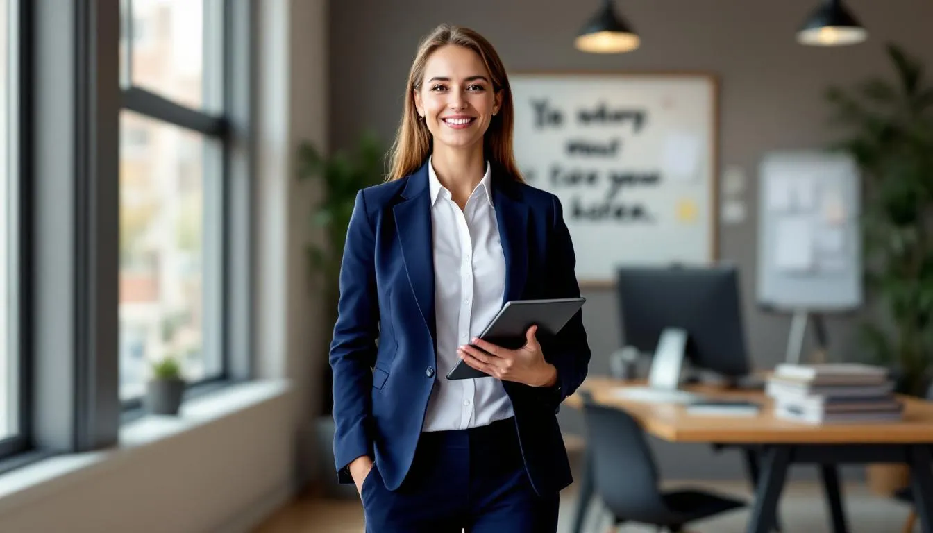 A confident small business owner stands in their office, reflecting success after securing an asset-based loan to enhance cash flow and meet business needs. The individual appears empowered, symbolizing the benefits of leveraging their company's assets for financial growth.