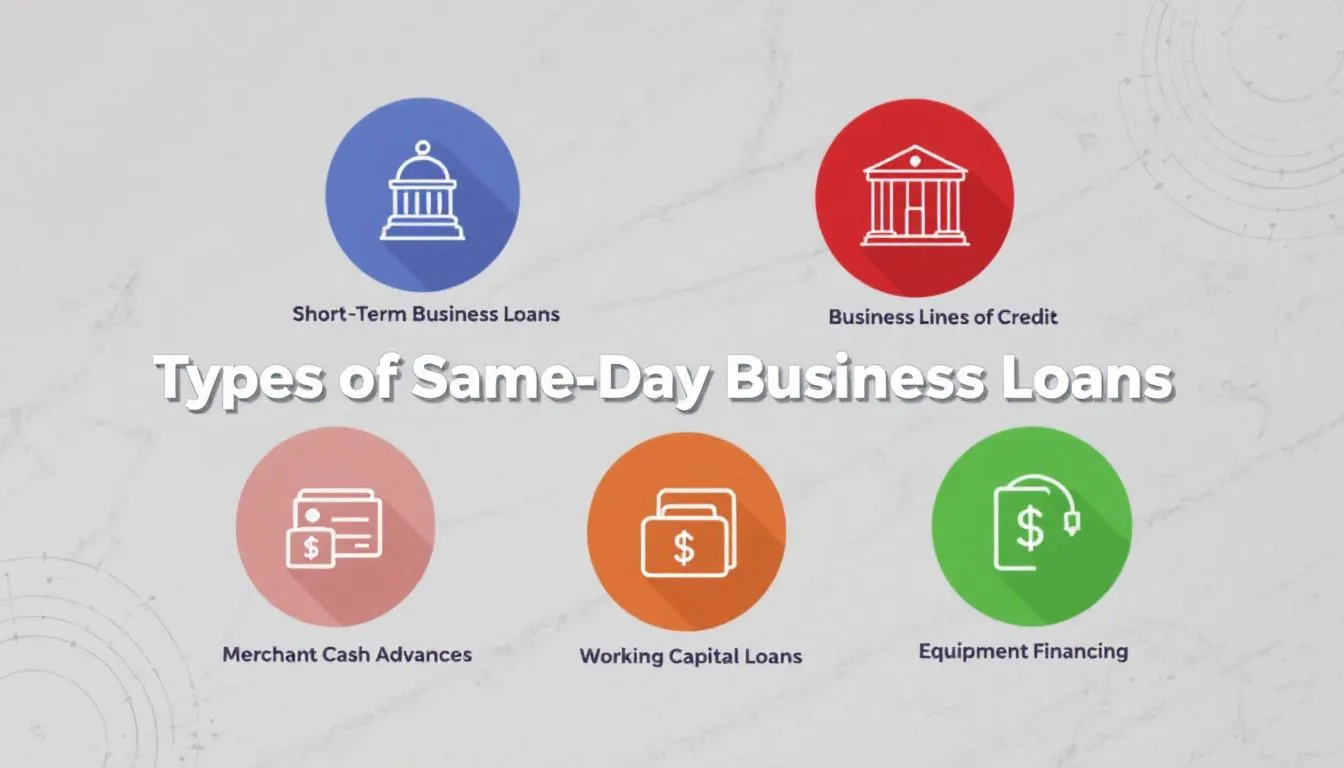 In the image, six icons are arranged in a grid, each representing different types of business loans, including Short-Term Business Loans, Business Lines of Credit, Merchant Cash Advances, Invoice Factoring, Working Capital Loans, and Equipment Financing, with their titles displayed beneath each icon. At the top, the heading reads "Types of Same-Day Business Loans," highlighting options available for small business owners, including those seeking loans for bad credit.