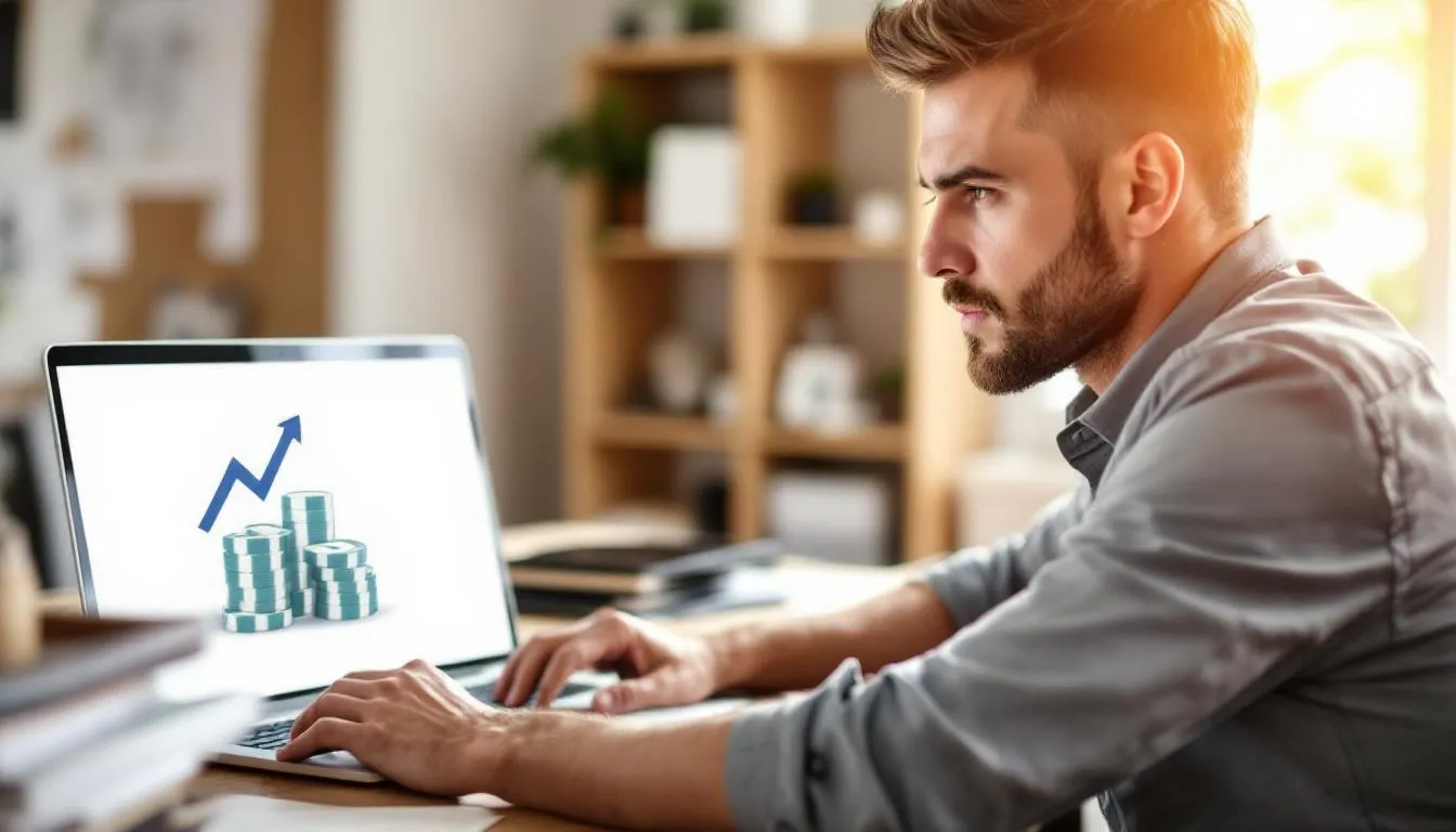 A small business owner is seated at a desk, focused on researching online business loans. The computer screen displays an icon of a stack of cash with an upward arrow, alongside the text "$2 Million Dollar Business Loan Options," highlighting various financing options available for small business owners.