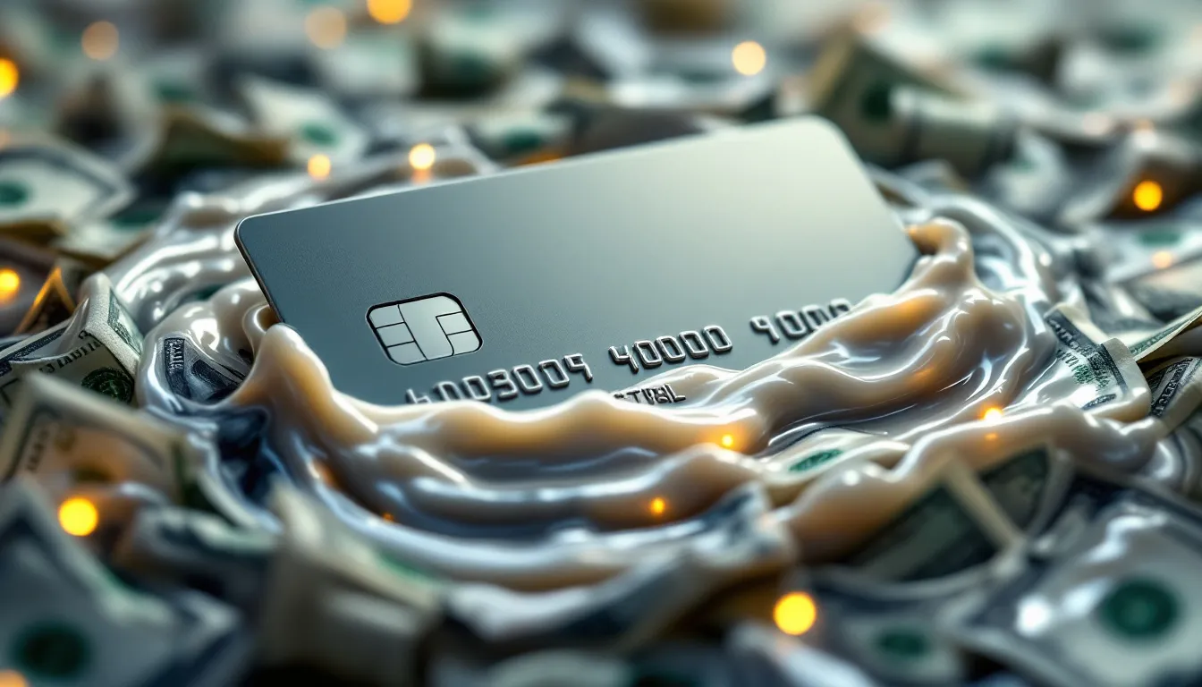 A surreal image depicts a credit card melting and transforming into US cash, symbolizing the process of liquidating business credit cards into cash. The scene illustrates the concept of turning credit into quick cash, highlighting the potential to access funds through credit card options.