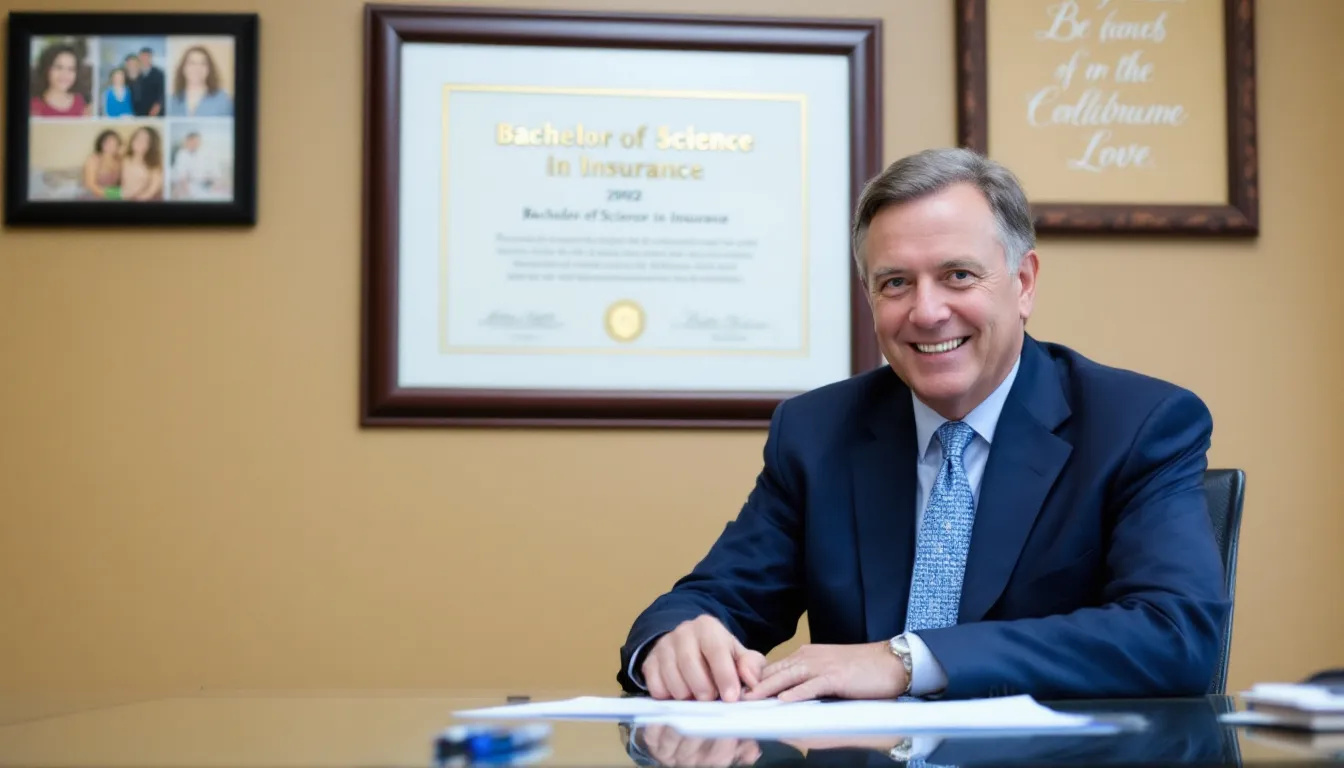 An insurance agent sits at their desk, with a bachelor's degree displayed on the wall behind them, highlighting their expertise in the insurance business. The office is organized and professional, reflecting the services provided by independent insurance agencies.