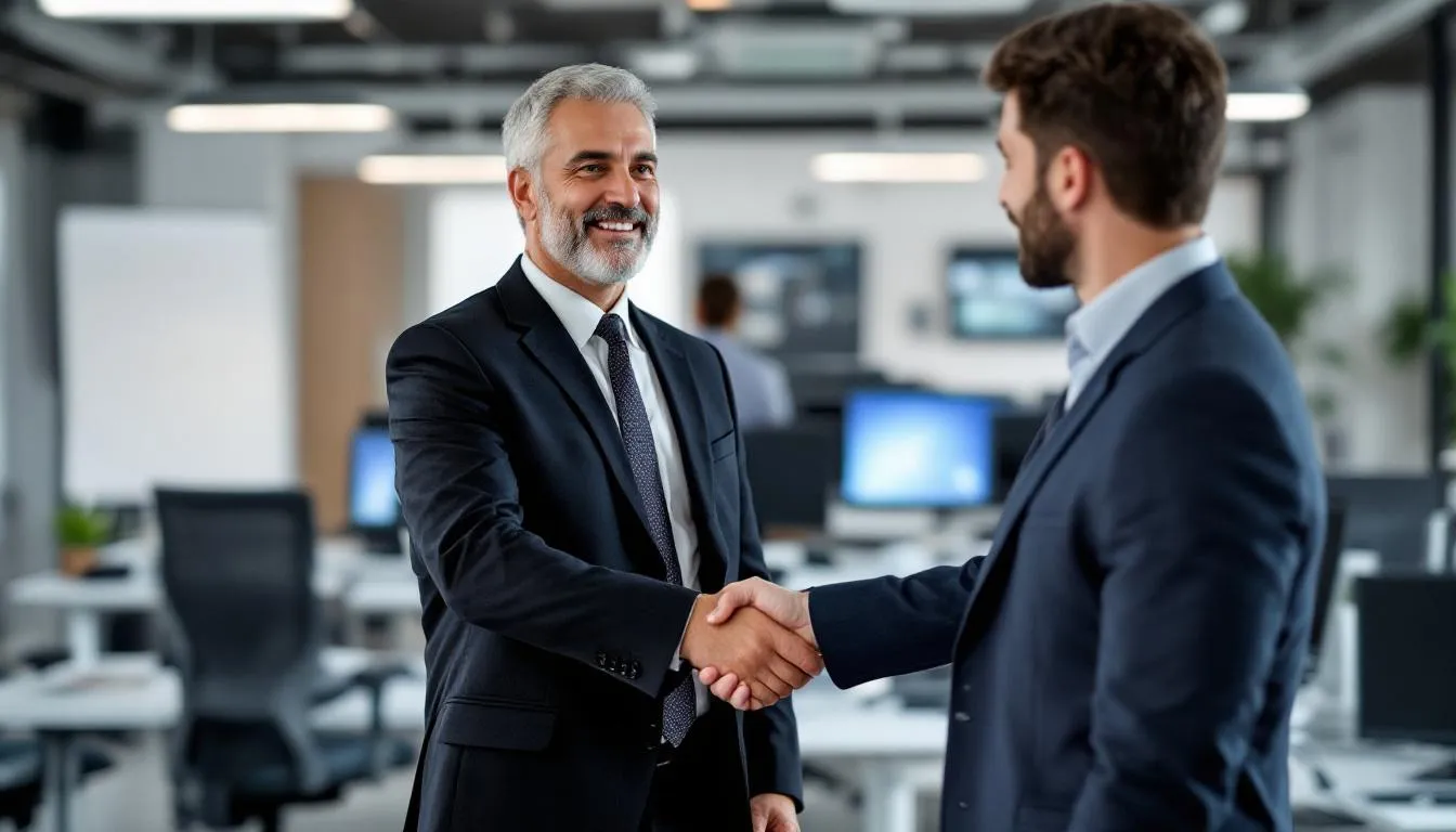 A small business owner is finalizing a deal for office equipment financing, with new computer equipment and office furniture visible in the background, highlighting the benefits of upgrading their workspace with the right financing solutions. The scene reflects the importance of financing options that cater to their business needs and enhance their office environment.