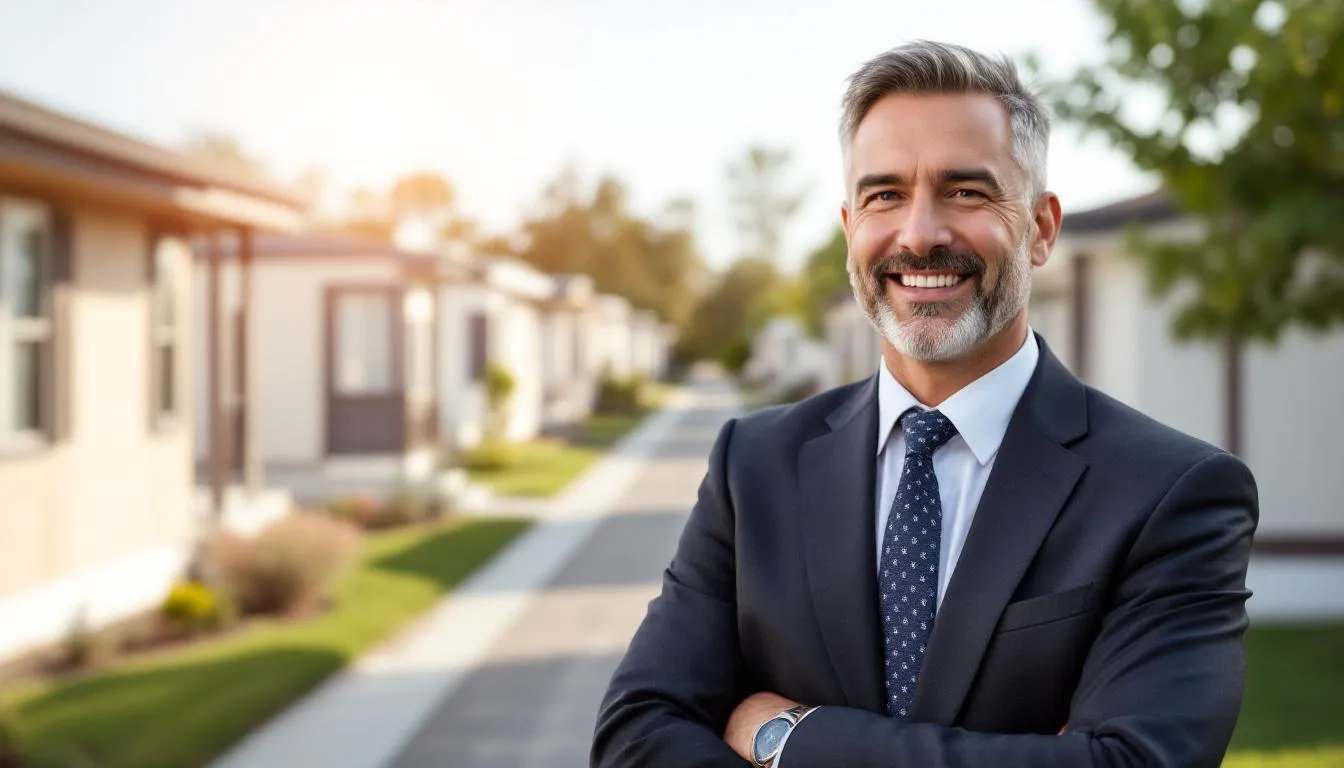 A confident real estate investor stands proudly in front of a recently acquired mobile home park, showcasing their success after securing financing options for the investment. The scene highlights the potential of mobile home parks as a lucrative business opportunity in urban development.