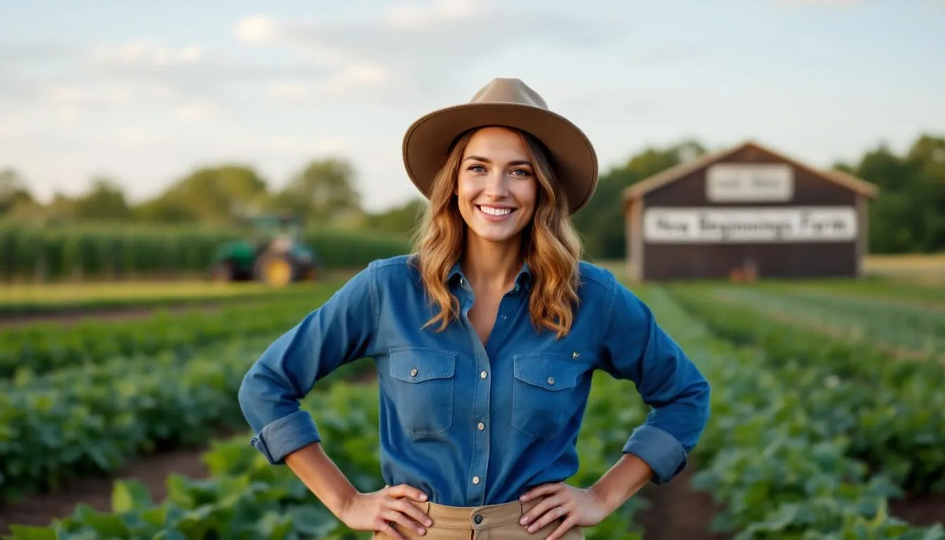 A confident woman farmer stands proudly on her farm, showcasing her success after securing a business loan to support her agricultural operations. This image highlights the empowerment of women farmers through financial resources like farm loans, enabling them to thrive in the farming industry.