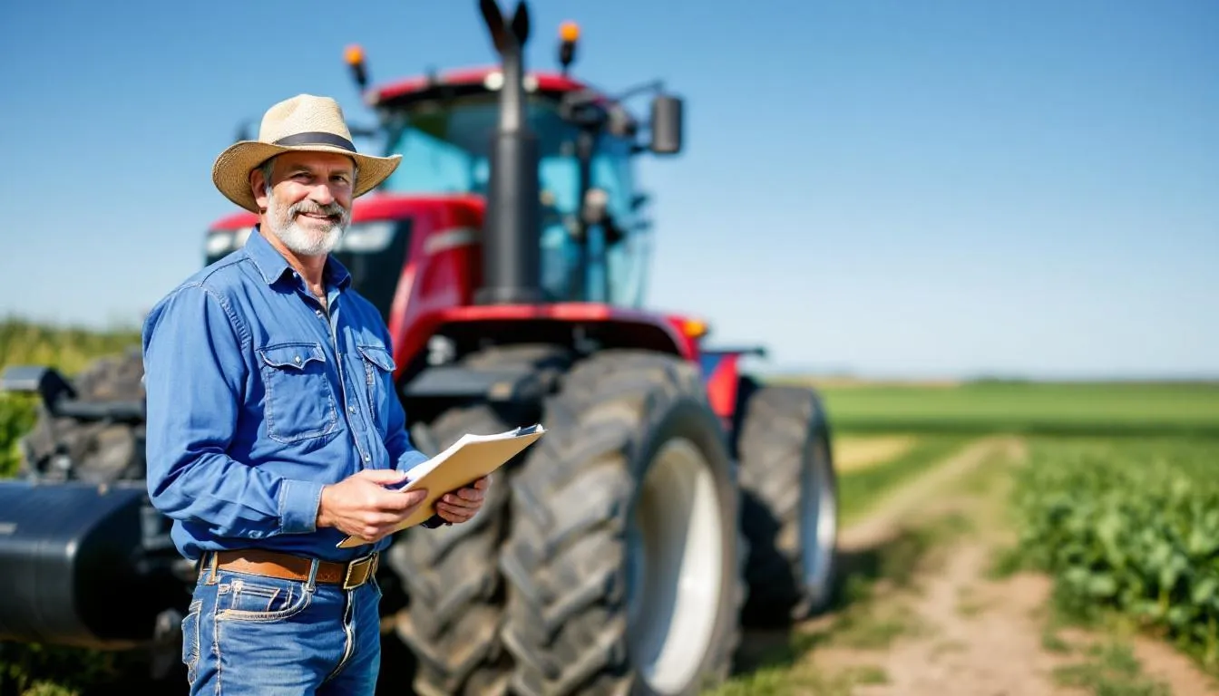 A confident farmer stands next to a tractor in connection with his farm, showcasing a sense of success after securing used tractor equipment financing. The image captures the essence of agriculture and the importance of flexible financing options for improving farm operations.